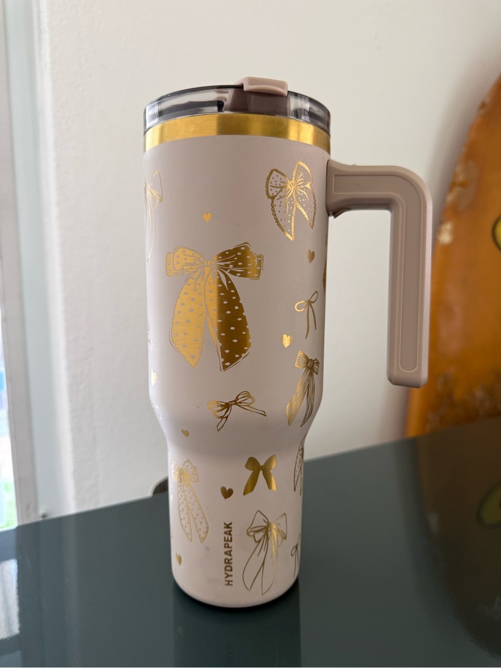 Nude color Gold Bow Insulated Travel Mug with Handle